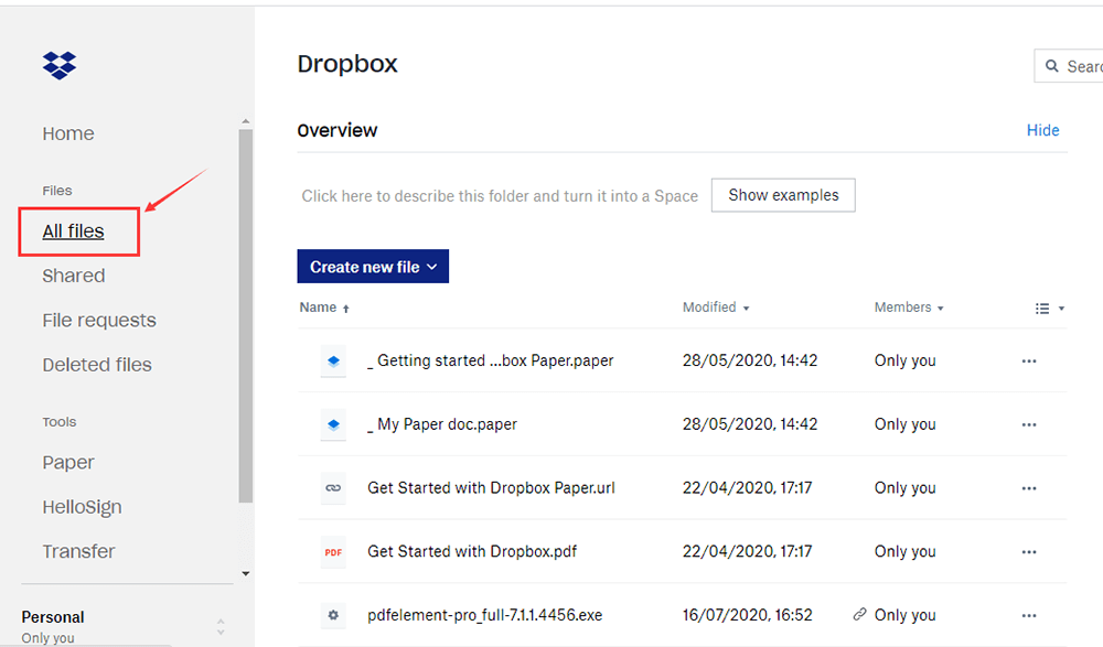 Dropbox جميع الملفات