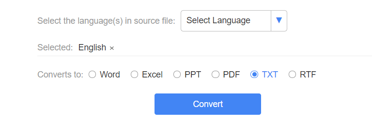 LightPDF OCR Piliin ang Wika at Output na Format
