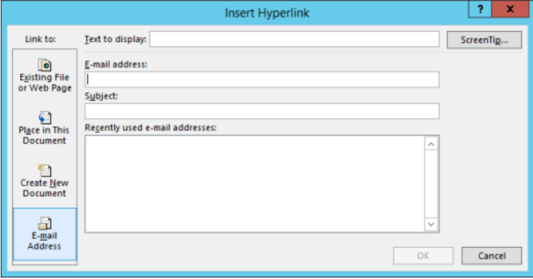 Adresse e-mail d'insertion d'un lien hypertexte Microsoft Word