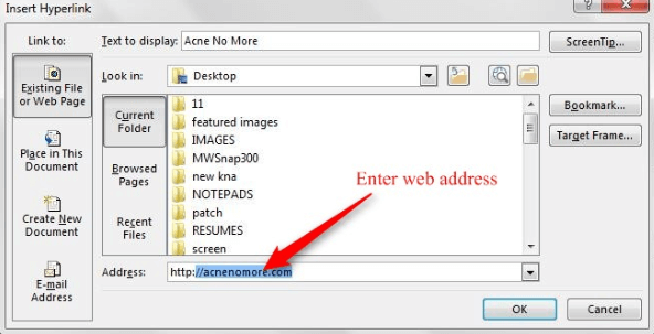 MicrosoftWordの挿入ハイパーリンクWebアドレスの入力