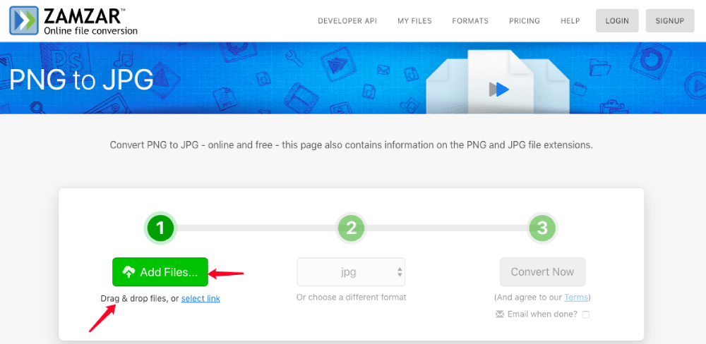 Zamzar PNG para JPG Adicionar arquivos