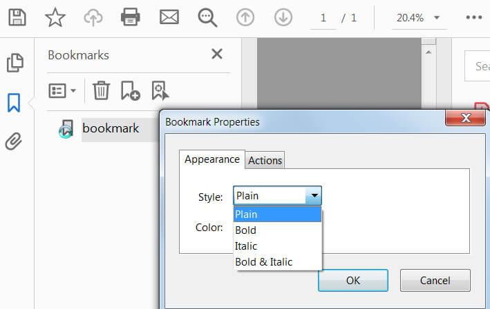 Adobe Acrobat تغيير مظهر الإشارة المرجعية
