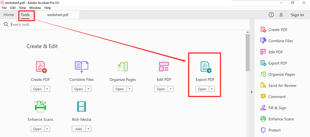 Adobe Acrobat Pro DC Tools Export PDF