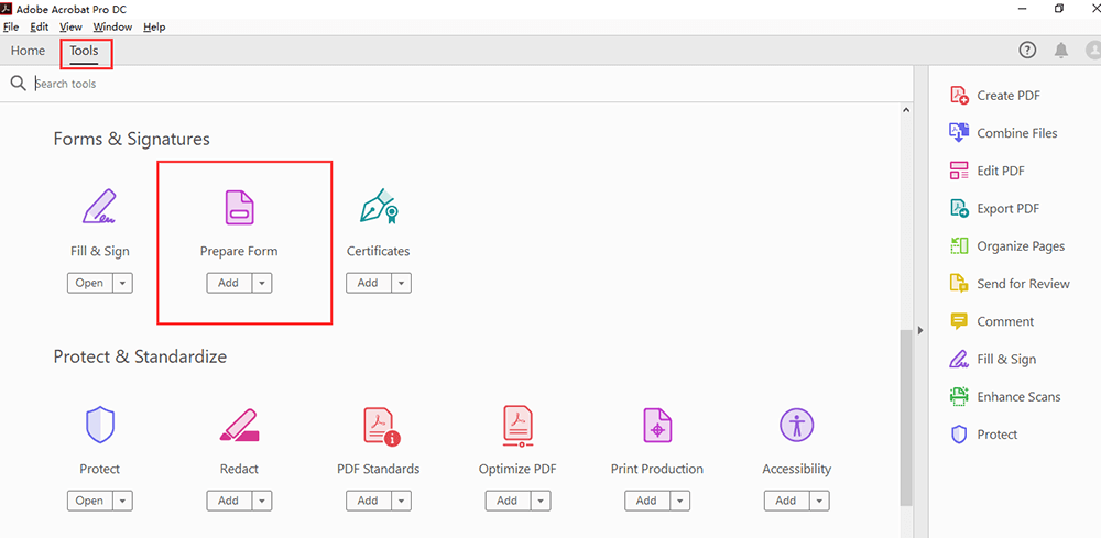 Formulaire de préparation des outils Adobe Acrobat Pro DC