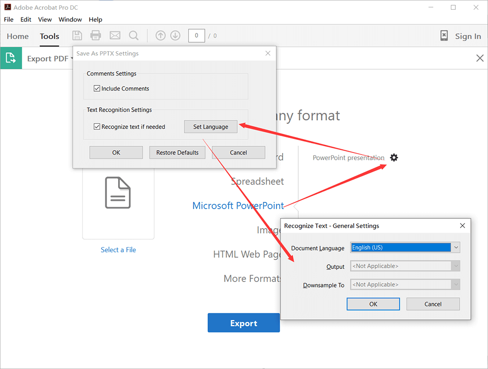 إعدادات لغة Adobe Acrobat Pro