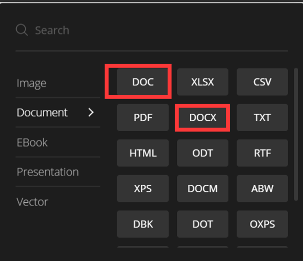 Convertio Wählen Sie das Word-Format