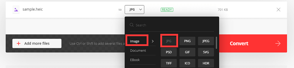 Convertio von Heic in JPG Wählen Sie das JPG-Format