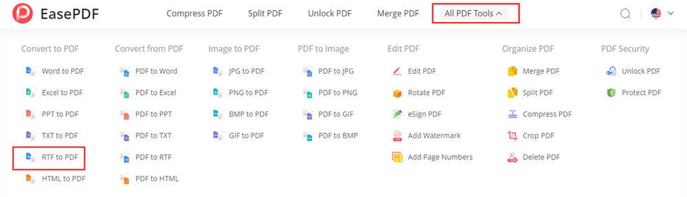 EasePDF Todas as ferramentas de PDF RTF para PDF