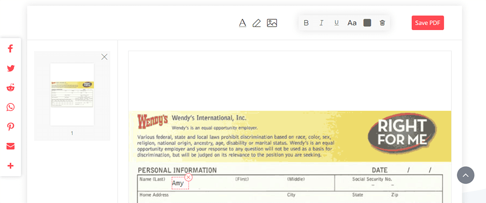 EasePDF Editar PDF Llene la solicitud de Wendy