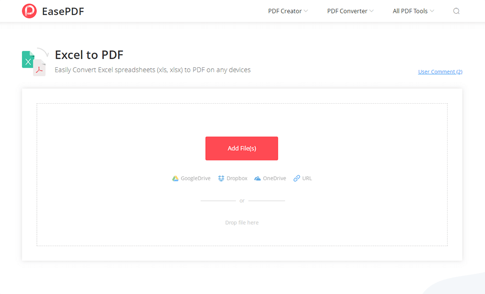 EasePDF Excel do PDF Prześlij pliki