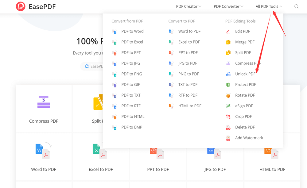 EasePDF主頁所有PDF工具解鎖PDF