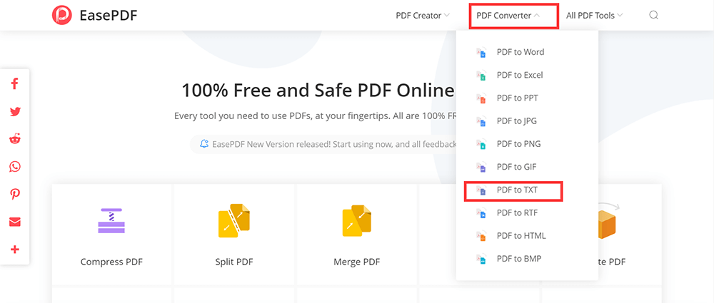 Página de inicio de EasePDF PDF Converter de PDF PDF a TXT