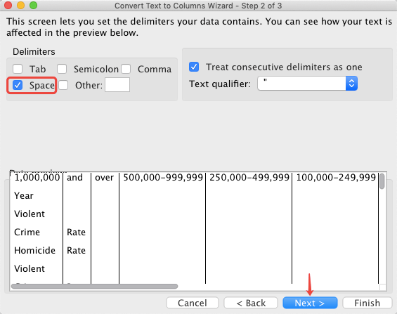 Texto de Excel a espacio de columnas