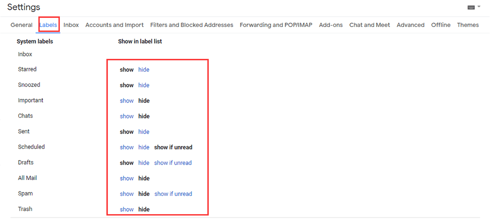 Etiquetas de configuración de Gmail