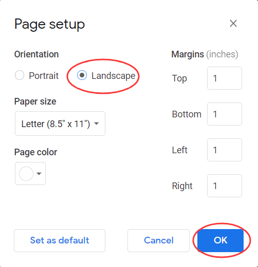 Ventana de configuración de la página de Google Doc