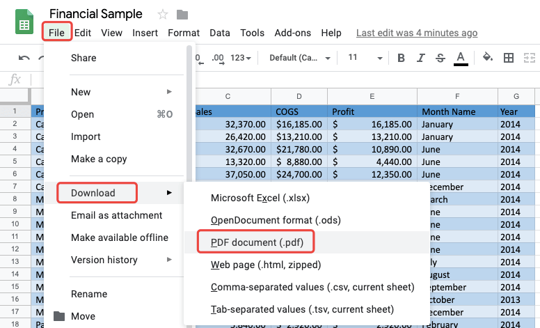 Google Docs 엑셀 PDF 다운로드