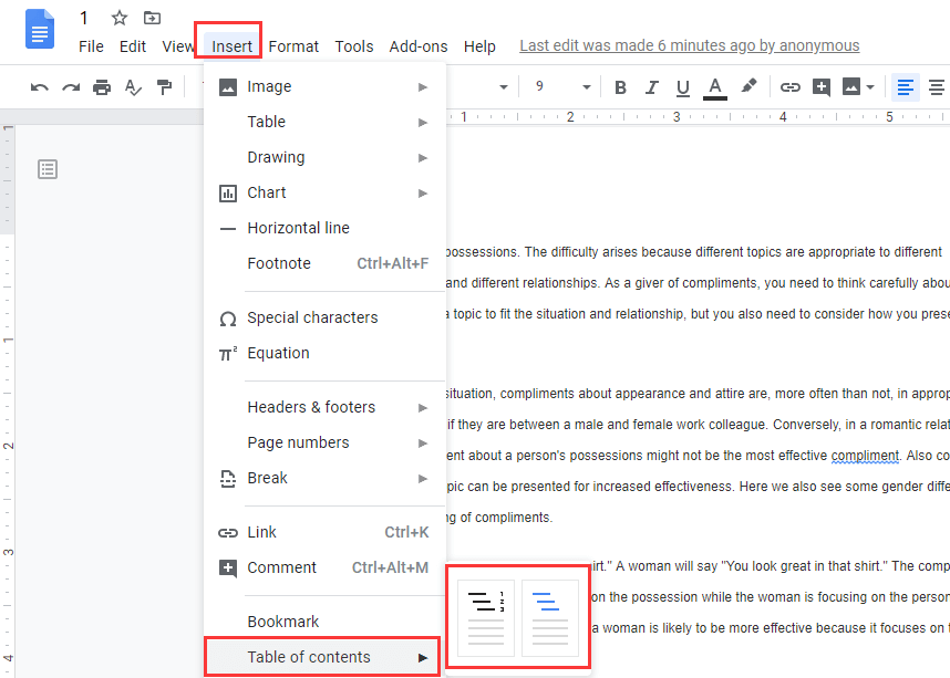 Google Docs إدراج جدول المحتويات