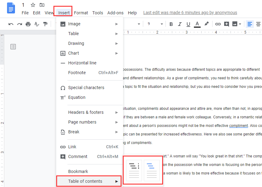 Εισαγωγή Google Docs Πίνακας περιεχομένων