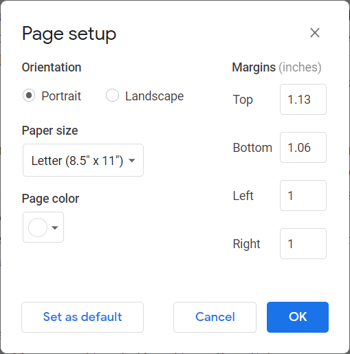 Google Docs Page Setup Dialogue