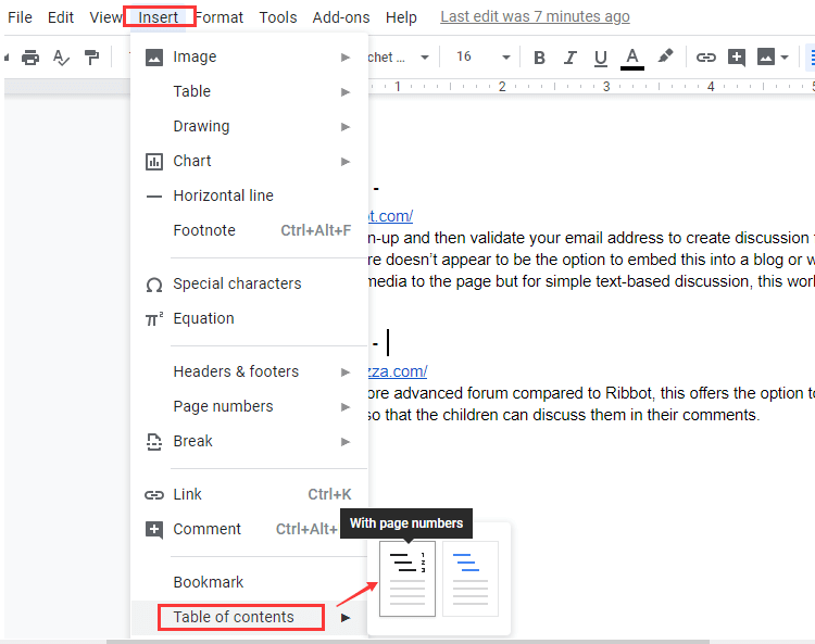 Table des matières Google Docs avec numéros de page