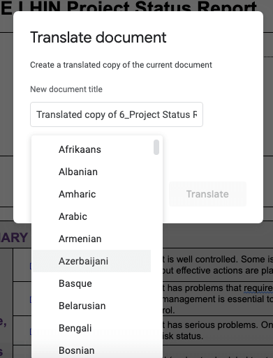 Documento del Traductor de Google Docs Elija un idioma