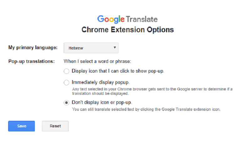 Google Translate Extension Options