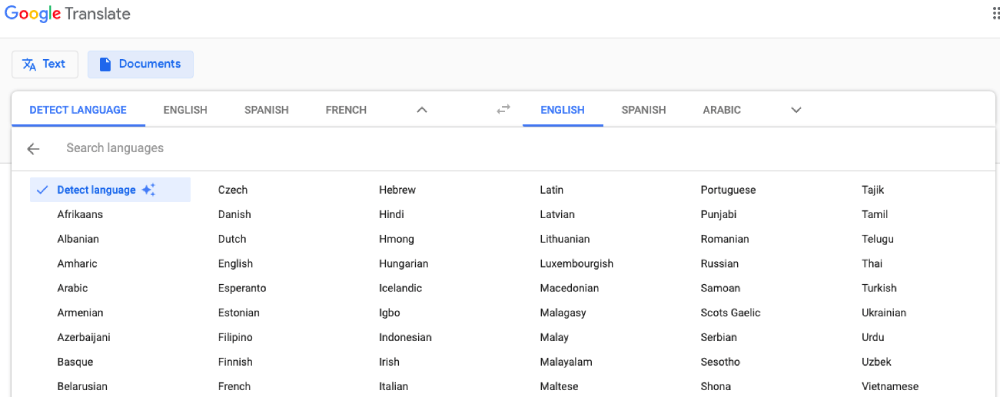 Google Translate حدد اللغة