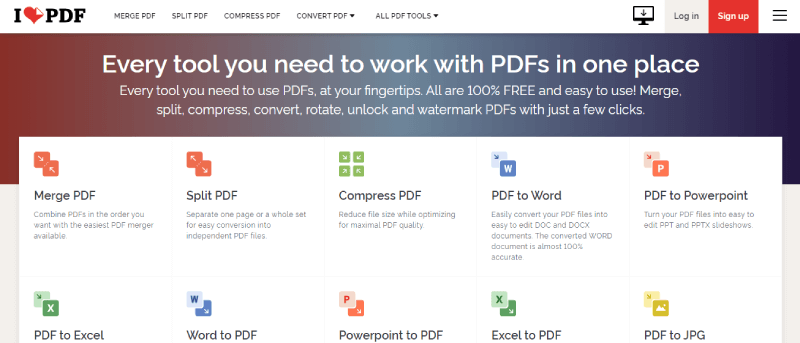 صفحة iLove PDF الرئيسية