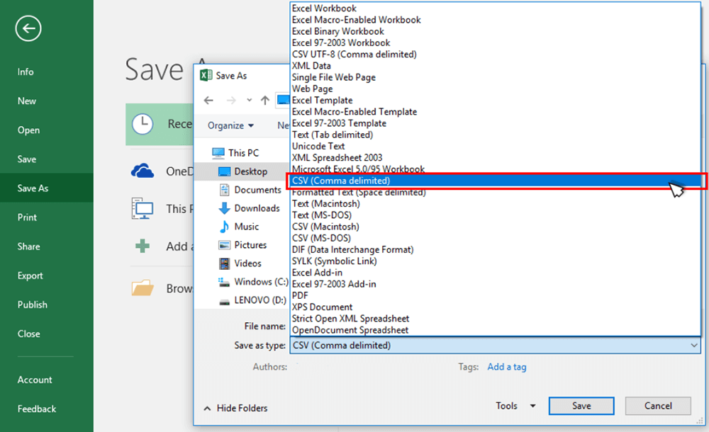 Microsoft Excel Save as CSV File
