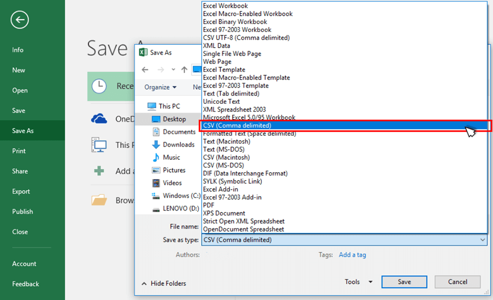 Microsoft Excel Seleccionar formato CSV