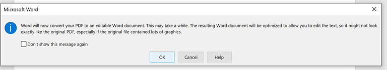 PDF to Word Conversion Warning