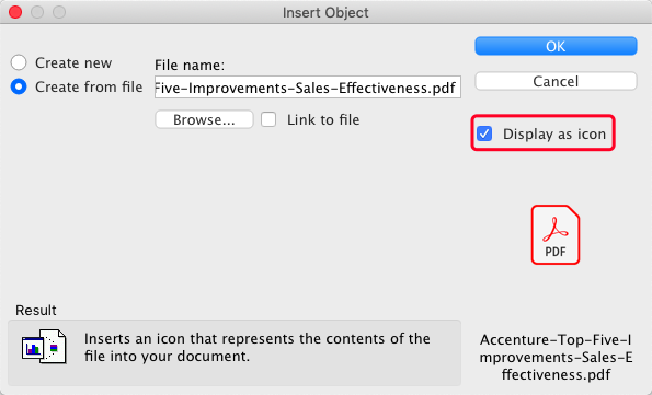 Microsoft Word Insert PDF Display As Icon