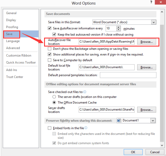 Microsoft Word Save AutoRecover-filplats