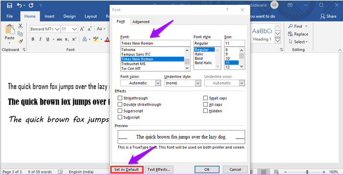 Microsoft Word Állítsa be az alapértelmezett betűtípust