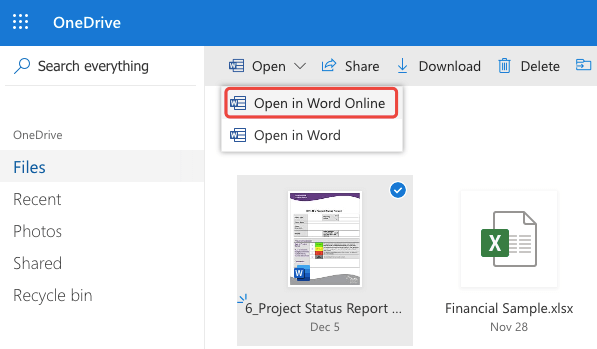 OneDrive Otwórz w Word Online