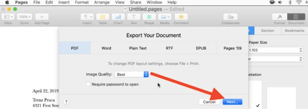 Pages Export Your Document PDF