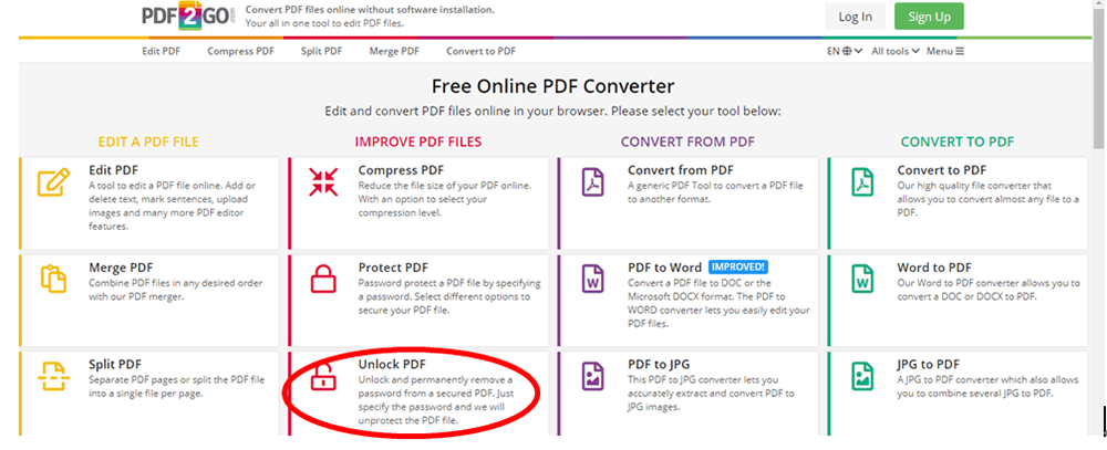 PDF2GO หน้าแรก เครื่องมือ PDF ทั้งหมด