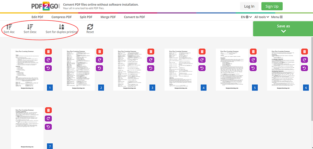 PDF2GO Sắp xếp lại các Pages PDF