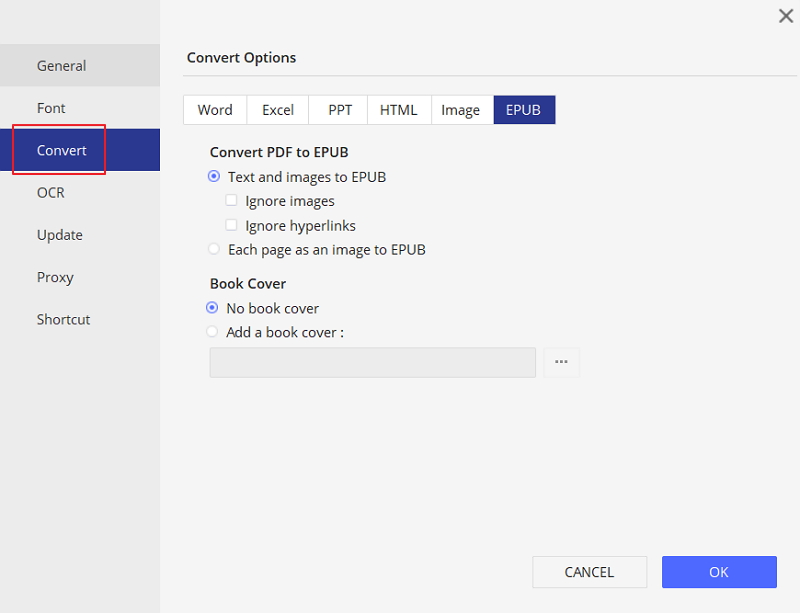 PDFelement Impostazioni da PDF a EPUB