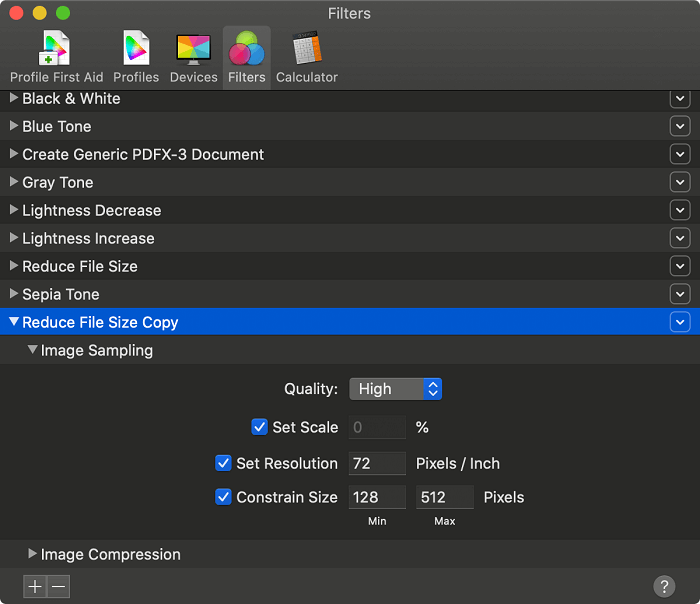 Reduce File Size Setting in ColorSync