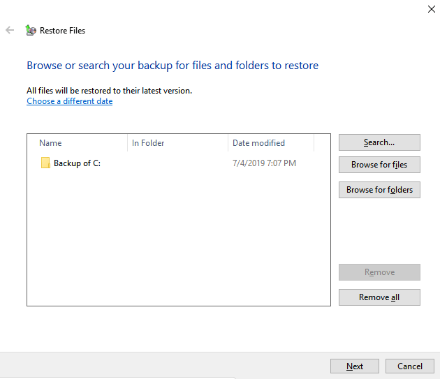 Restore Files Select the Previously Created Backup