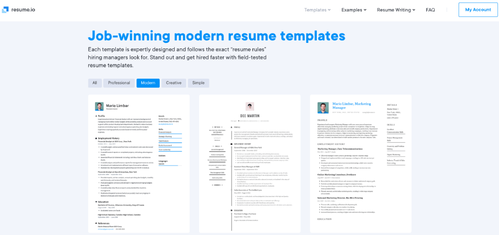 Resume.io Word استئناف القوالب