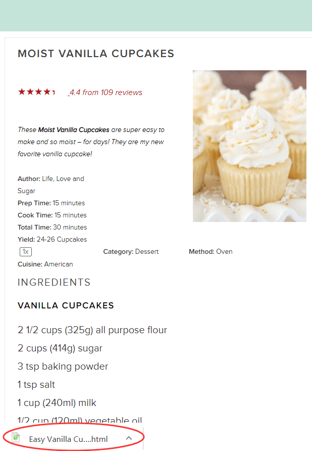 Speichern Sie das Cupcake-Rezept in einer HTML-Datei