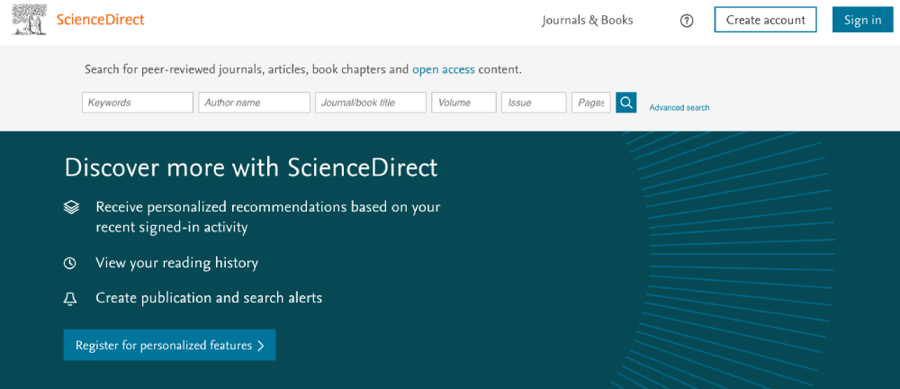 Page d'accueil de ScienceDirect