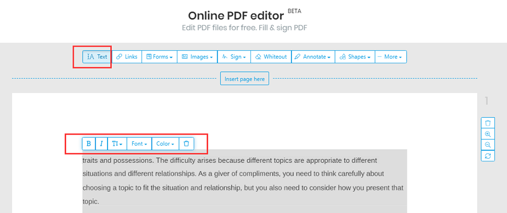Sejda PDF Editor testo