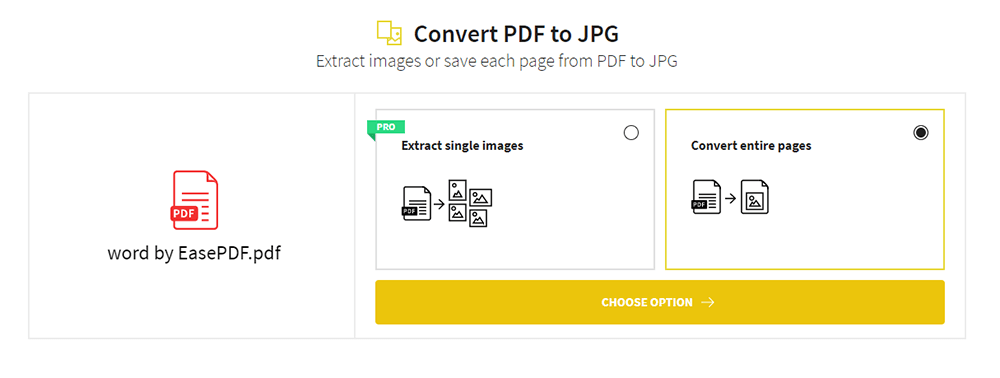 Smallpdf PDF to JPG Wählen Sie Option