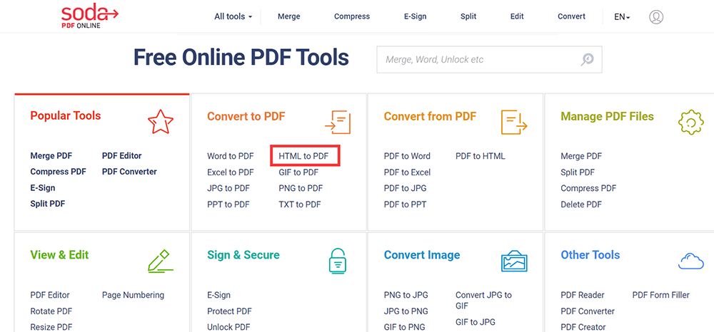 Soda PDF جميع أدوات PDF من HTML إلى PDF