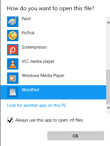Windows WordPad ouvrir le fichier RTF