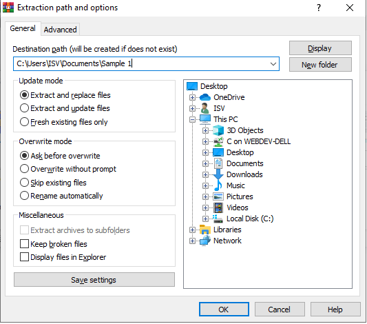 WinZip-Extraction Path and Options