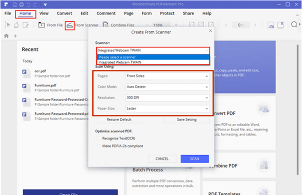 Wondershare PDFelement Scan Setting